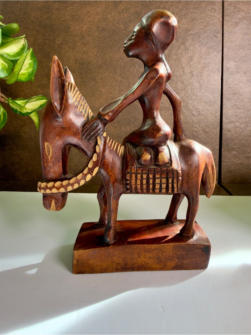 Hand-Carved Wooden Rider on Donkey - Brown Rustic Home Art